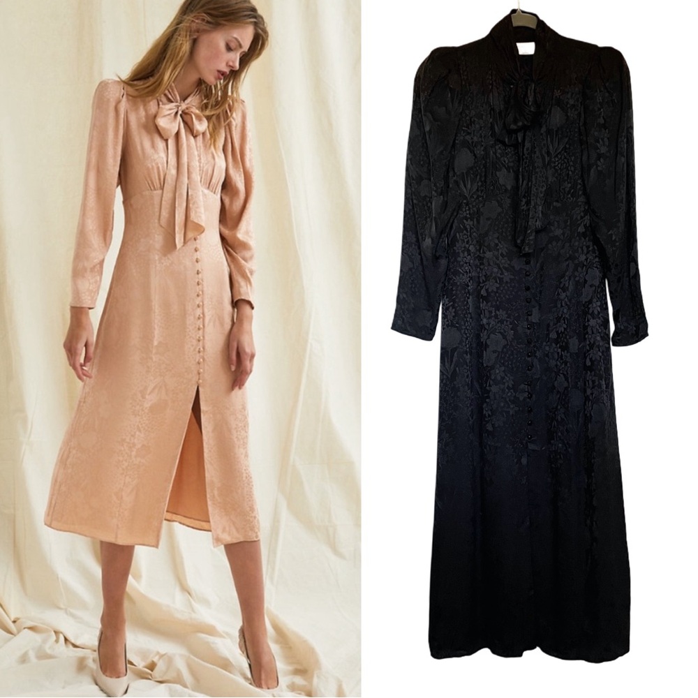 ARITZIA NEW Le Fou 100% Silk Black Floral Satin Long Sleeve Tie Neck Mambo Dress - Picture 6 of 15
